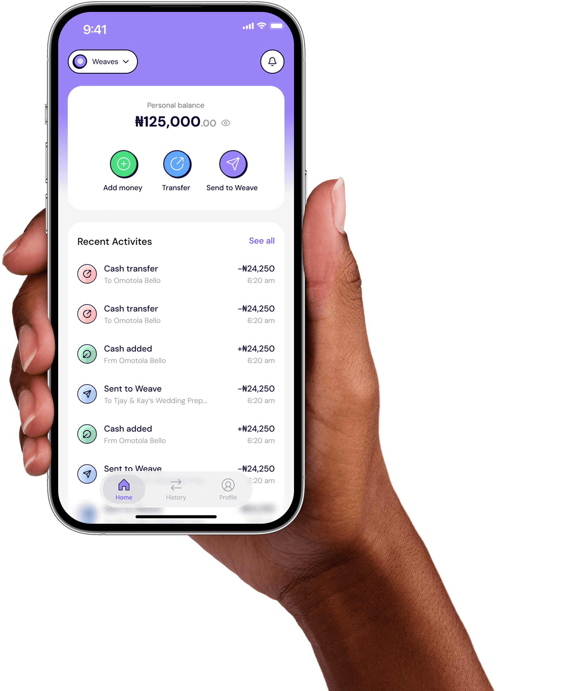 The Weave app showing a shared account and its transaction history